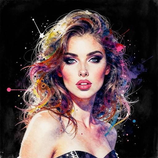 Digital watercolor portrait of a blonde woman with wavy hair, striking blue eyes, and red lips, set against a black background.