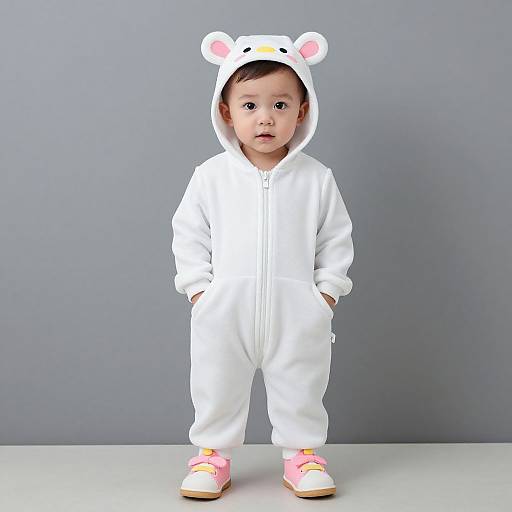 Photograph of a young child with light skin and dark hair, wearing a white bear-themed onesie, pink sneakers, and standing against a gray background