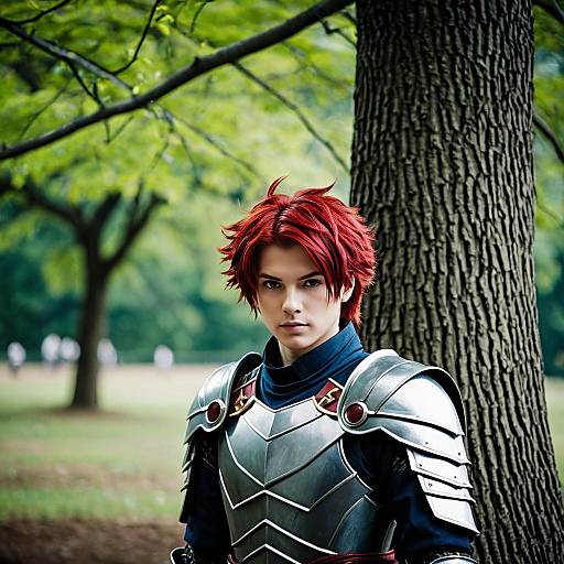 Cosplayer in Armor with Red Hair by Tree