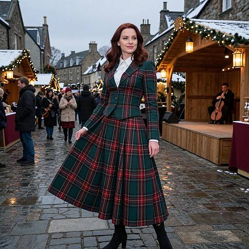 Photograph of a woman with wavy brown hair, wearing a black and red plaid dress, white shirt, and black boots, standing in a
