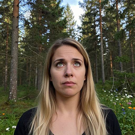 Photograph of a blonde woman with fair skin and blue eyes, standing in a forest with tall pine trees and colorful wildflowers. She wears a black