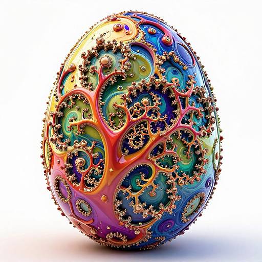 Vibrant, multi-colored, spherical sculpture with intricate, swirling patterns and gold accents, set against a white background. Digital artwork.