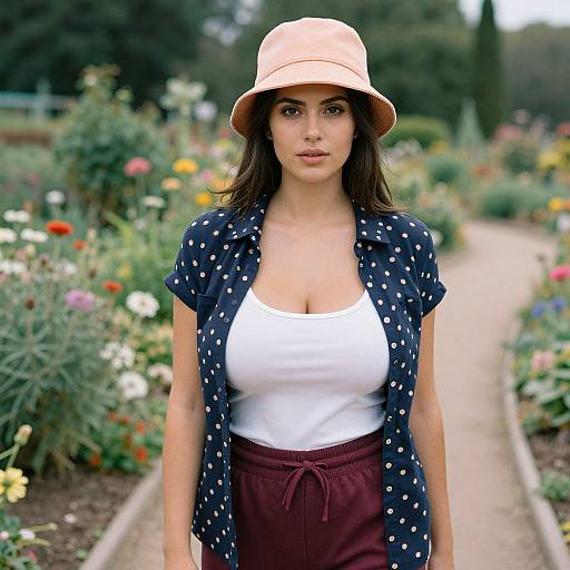 Photograph of a brown-haired woman with medium breasts, wearing a peach bucket hat, navy polka dot blouse, white tank top, and maroon
