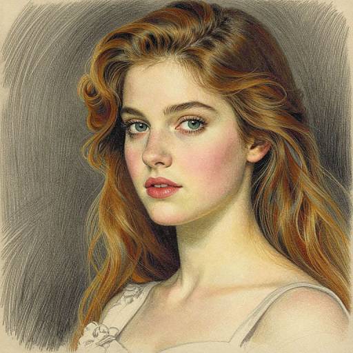 Digital portrait of a young woman with wavy, auburn hair, fair skin, and blue eyes, wearing a white, floral-patterned top