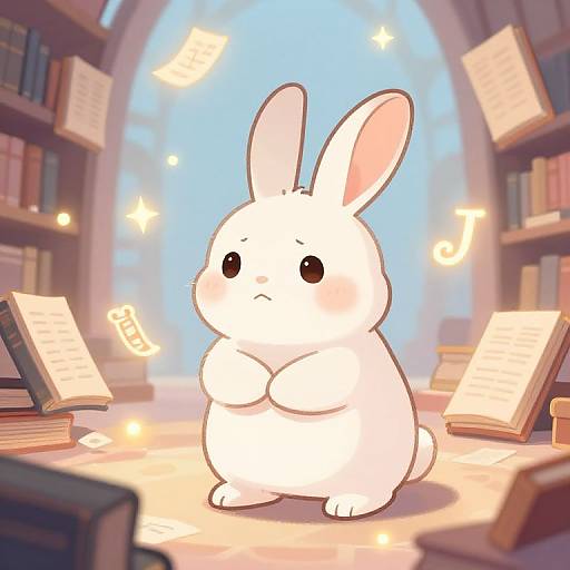 Whimsical digital drawing of a cute, chubby white bunny with large ears, standing in a library with floating papers and glowing stars.