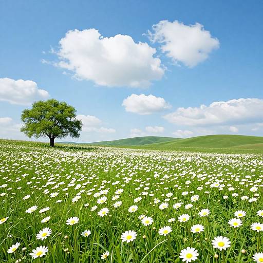 Vibrant Meadow with Daisies and Tree