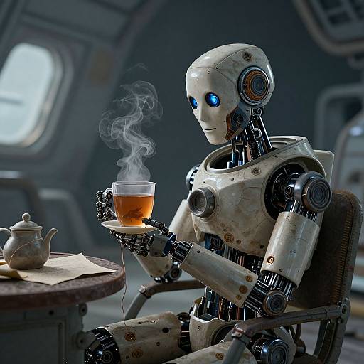 Photorealistic CGI of a metallic robot with blue eyes, holding a steaming cup of tea, in a dimly lit, futuristic room.