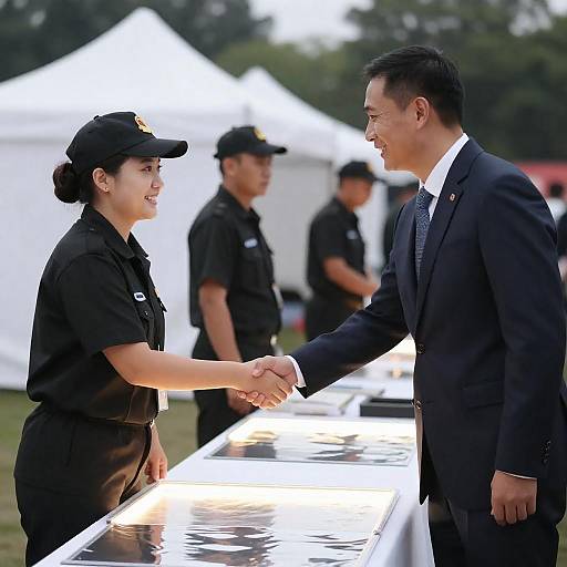 Handshake Between Man in Suit and Woman in Uniform