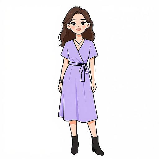 Digital drawing of a young woman with long brown hair, wearing a light purple dress, black ankle boots, and a necklace, standing against a white background