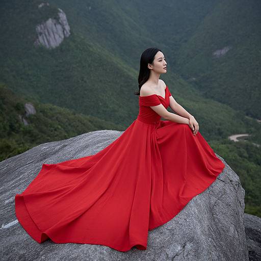 Asian woman in vibrant red off-shoulder gown, sitting on large gray rock, overlooking lush, green mountainous landscape, photograph.