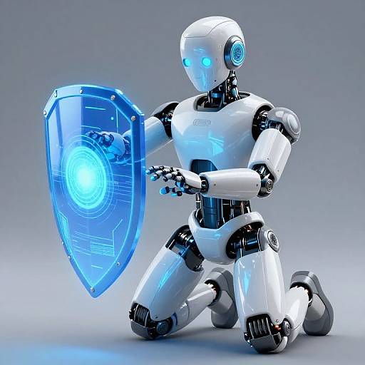 CGI image of a white and black robotic knight kneeling, holding a glowing blue shield, with blue eyes, in a gray gradient background.