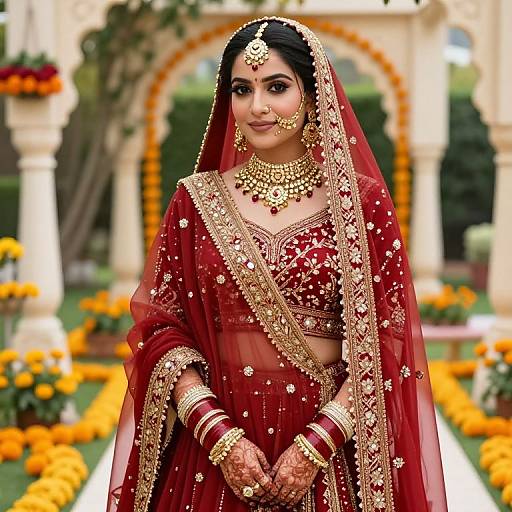 Photograph of a beautiful South Asian bride in a red and gold embroidered lehenga, veil, and jewelry, standing in a garden with yellow flowers and