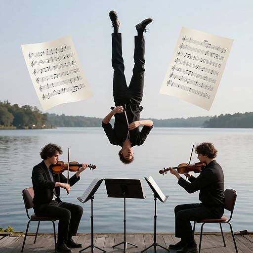 Photograph: Two male violinists in black, seated on wooden dock by serene lake, playing while a third man, mid-air, holds music sheets
