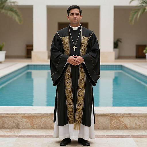 Photograph of a young, dark-haired male priest in black and gold ecclesiastical vestments, standing in front of a blue-tiled pool