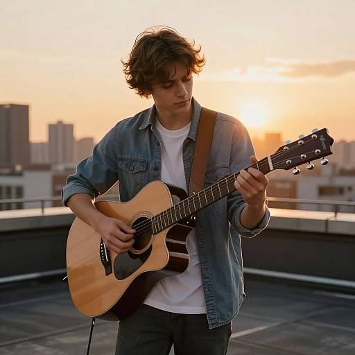 Photograph of a young man with wavy brown hair, wearing a denim shirt and white t-shirt, playing an acoustic guitar on a rooftop at sunset