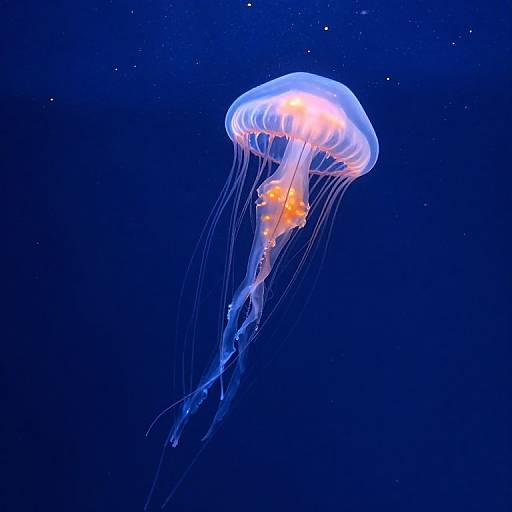 Photograph of a glowing, translucent jellyfish with orange spots, floating gracefully in a dark blue ocean, surrounded by delicate, flowing tentacles.