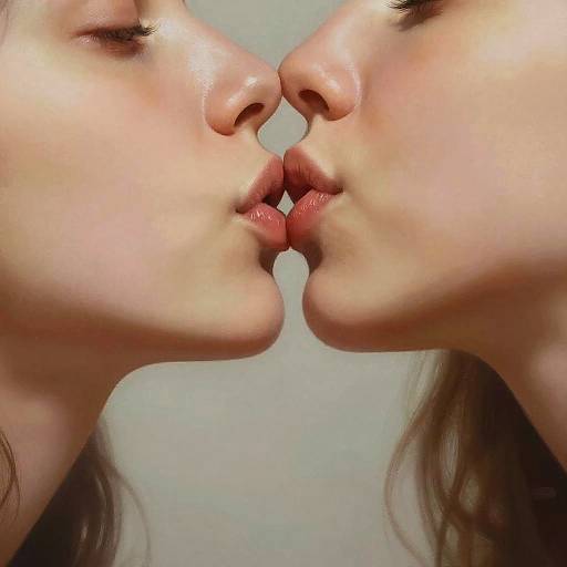 Close-up photograph of two fair-skinned women with parted lips, about to kiss, showing soft, shiny skin and delicate features.