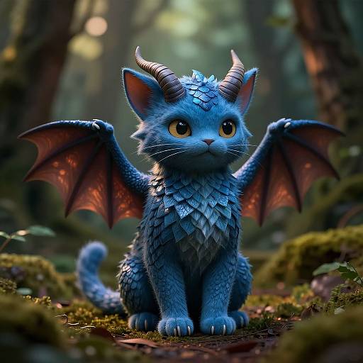 CGI fantasy image of a blue, dragon-cat hybrid with small horns, scales, red bat-like wings, and large yellow eyes, sitting in a