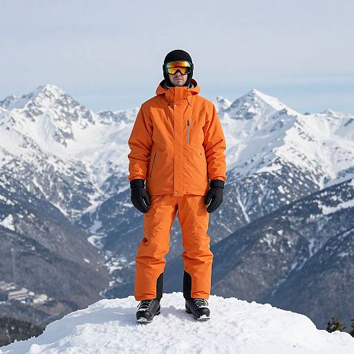 Photograph of a person in bright orange snowsuit, black gloves, and goggles, standing on a snowy peak with majestic snow-capped mountains in the