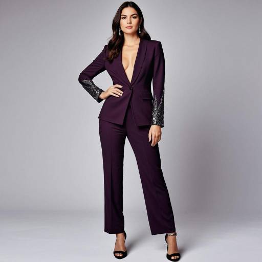 Woman in Chic Tailored Aubergine Pantsuit