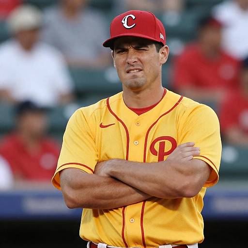 Baseball Player Wearing Yellow Jersey and Red Cap