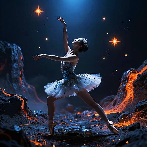Photograph of a ballerina in a sparkling white tutu, dancing on glowing, rocky terrain under blue and orange star-like lights.