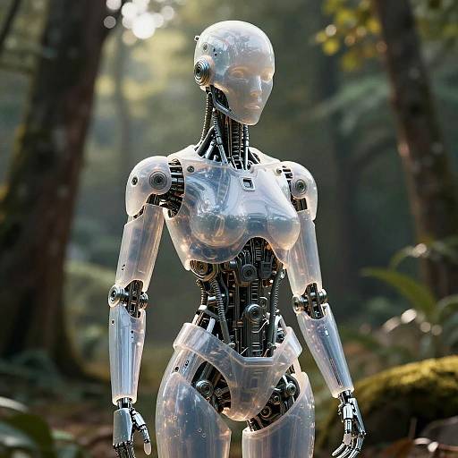 Photograph of a sleek, transparent humanoid robot with intricate mechanical joints, standing in a sunlit, misty forest, surrounded by trees and ferns