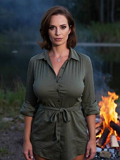 Photograph of a brunette woman with medium breasts, wearing a green button-up dress, standing in front of a campfire at night.