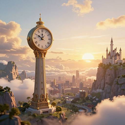 Fantasy cityscape at sunset featuring a large, ornate clock tower with a white face, surrounded by clouds, mountains, and a distant castle with