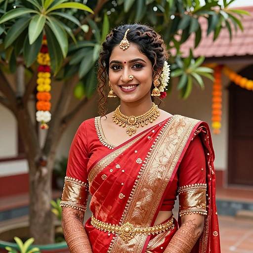 Photograph of a smiling Indian woman in a vibrant red and gold traditional saree, adorned with gold jewelry, standing outdoors among green leaves and orange mar