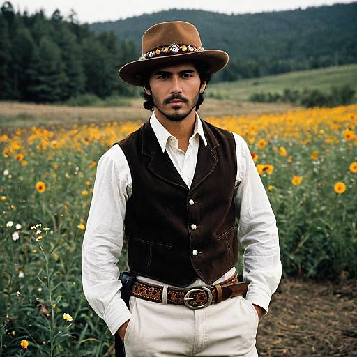 Young man in country outfit standing in flower field