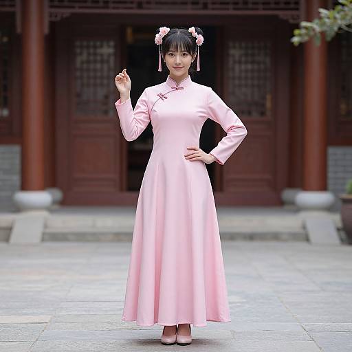 Photograph of an Asian woman in a pink traditional qipao dress with floral hairpins, standing confidently in front of a red wooden temple.