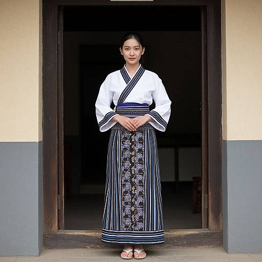 Photograph of an Asian woman in traditional Korean hanbok, standing in a doorway. She wears a white top with black trim, and a blue