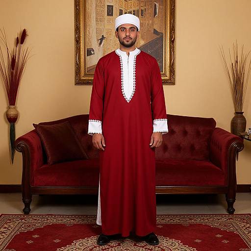 Photograph of a bearded Middle Eastern man in a red traditional thobe with white trim, white headscarf, standing in front of a brown