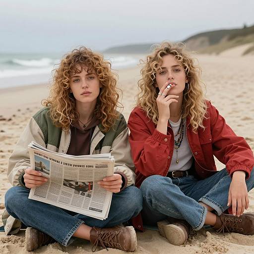 Two Women with Curly Blonde Hair Sitting on Beach