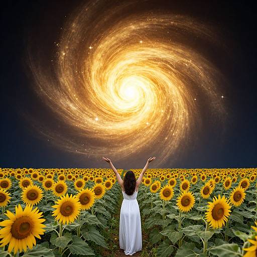 Woman in white dress stands in sunflower field, arms raised, gazing at swirling, glowing yellow and orange vortex in dark sky.