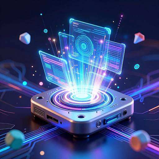 Neon-lit, futuristic CGI of a glowing, holographic interface emerging from a silver, square, USB-equipped device on a dark, circuitry