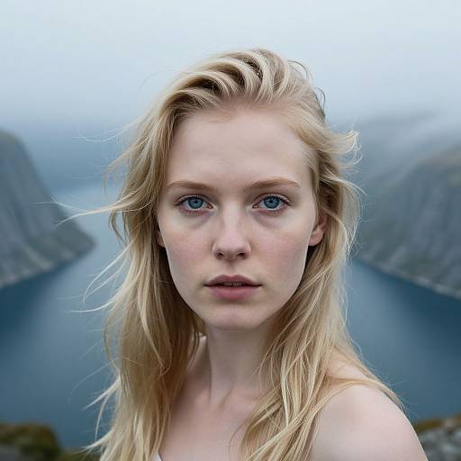 Photograph of a fair-skinned, blonde-haired woman with blue eyes, staring directly at the camera, set against a misty, mountainous lake
