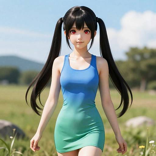 Photorealistic Anime Style Girl in Blue-Green Dress