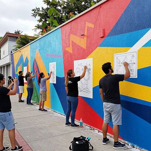 Photograph of diverse group painting vibrant mural on a wall; people in casual clothes, colorful geometric patterns, and white drawings.