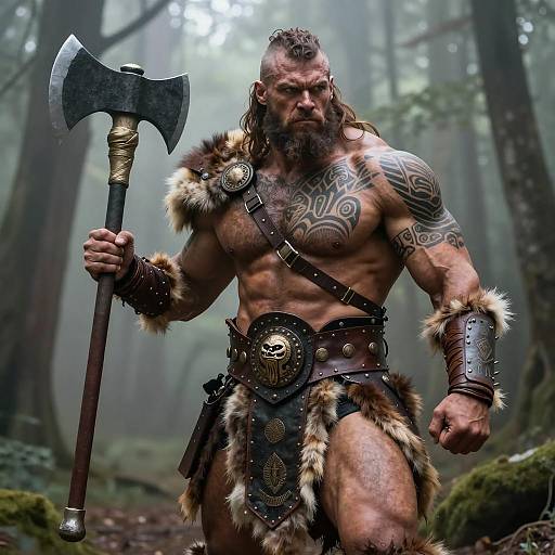 Fierce Barbarian Warrior in Misty Forest