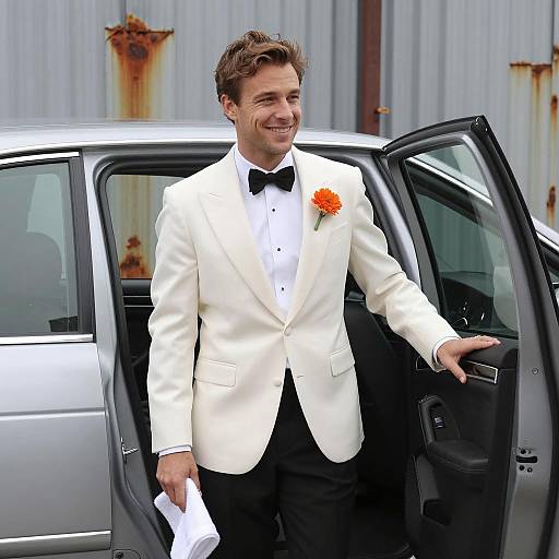 Dapper Man Exiting a Silver Car
