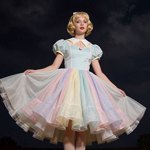 Photograph of a blonde woman with red lipstick in a vintage-style, pastel-colored, puffed-sleeve dress with a layered tulle skirt