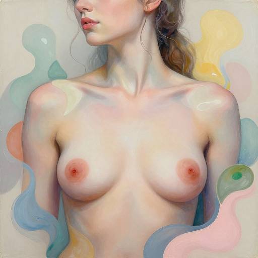 Digital painting of a topless woman with fair skin, small to medium-sized breasts, pink nipples, and wavy brown hair. Background features soft,