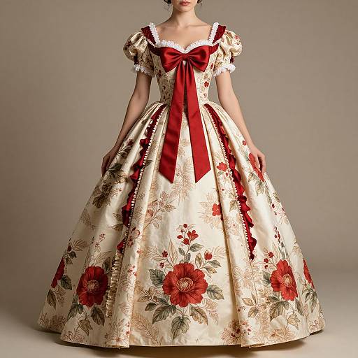 Photograph of a woman in an elaborate, cream-colored, floral-patterned ball gown with red satin bows and puffed sleeves, standing against a neutral