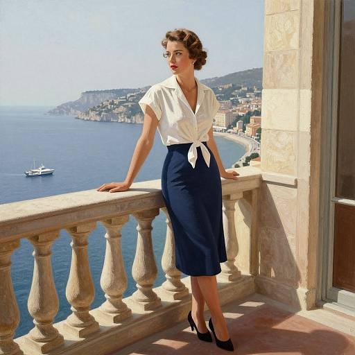 Vintage-style photograph of a woman with short brown hair, wearing a white blouse and navy knee-length skirt, leaning on a balcony overlooking a coastal town and