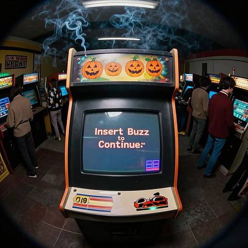 Photograph of an arcade with a brightly lit 