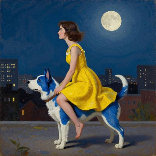 Digital painting: A woman in a yellow dress rides a blue and white dog under a full moon, cityscape background.