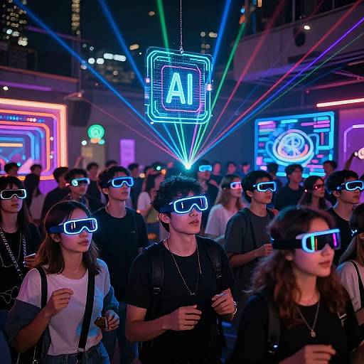 Photograph of a crowded, neon-lit nightclub with people wearing VR headsets, illuminated by vibrant blue and purple lights, and a large 