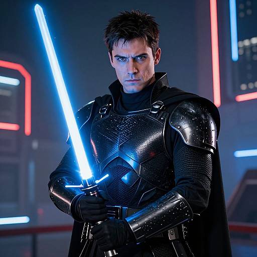 Photograph of a serious-looking man in black, reflective armor holding a glowing blue lightsaber in a neon-lit sci-fi setting.